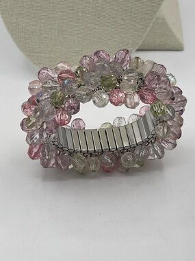 4.21.26-20 Accordion Stretch Beaded Cha Cha Bracelet - Pink,Clear,Purple & Green